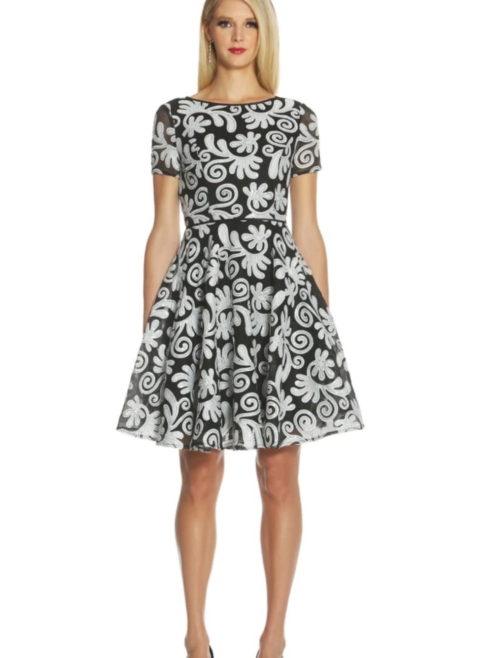 $455 Shani Black and White Floral Fit-and-Flare Dress